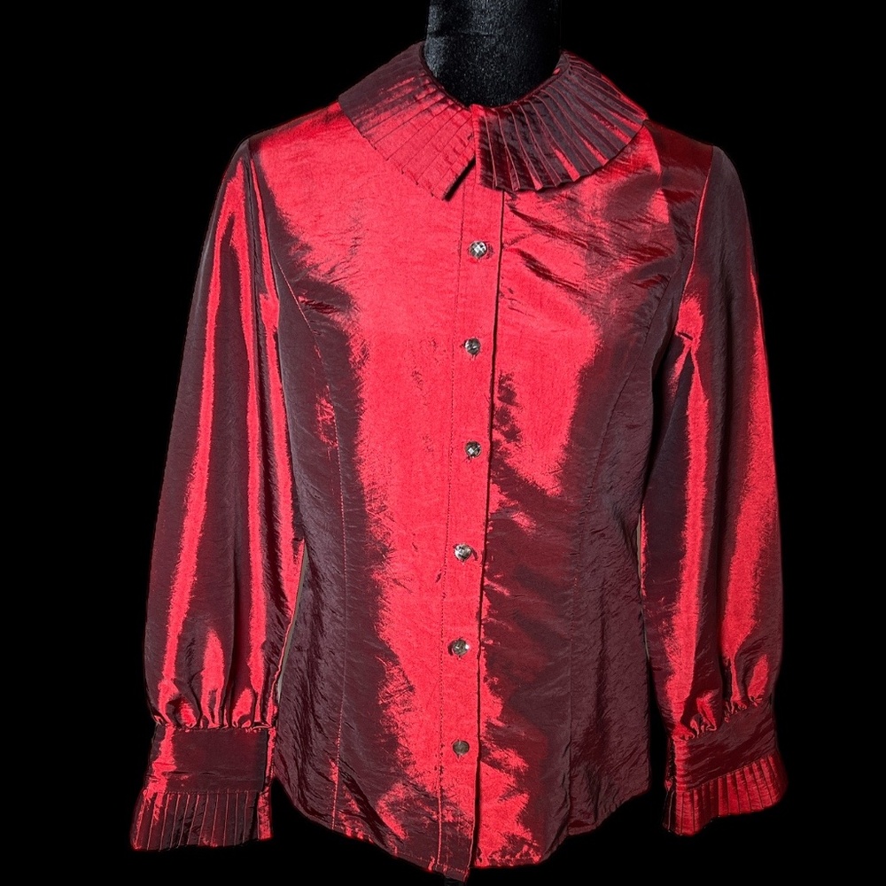 Jaipur - Electric Red Iridescent Pleated Button Down Blouse - Size S